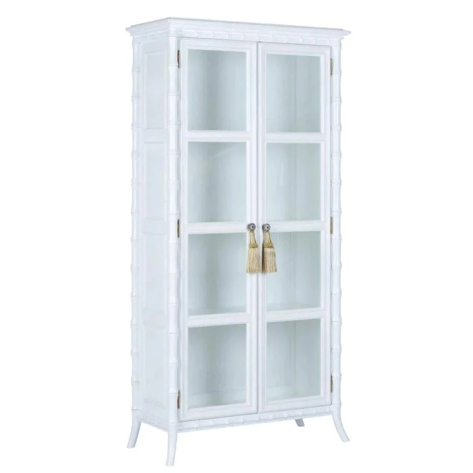 White Bamboo Inspired Linen Cabinet With Glass Doors - Dressers & Armoires - The Well Appointed House