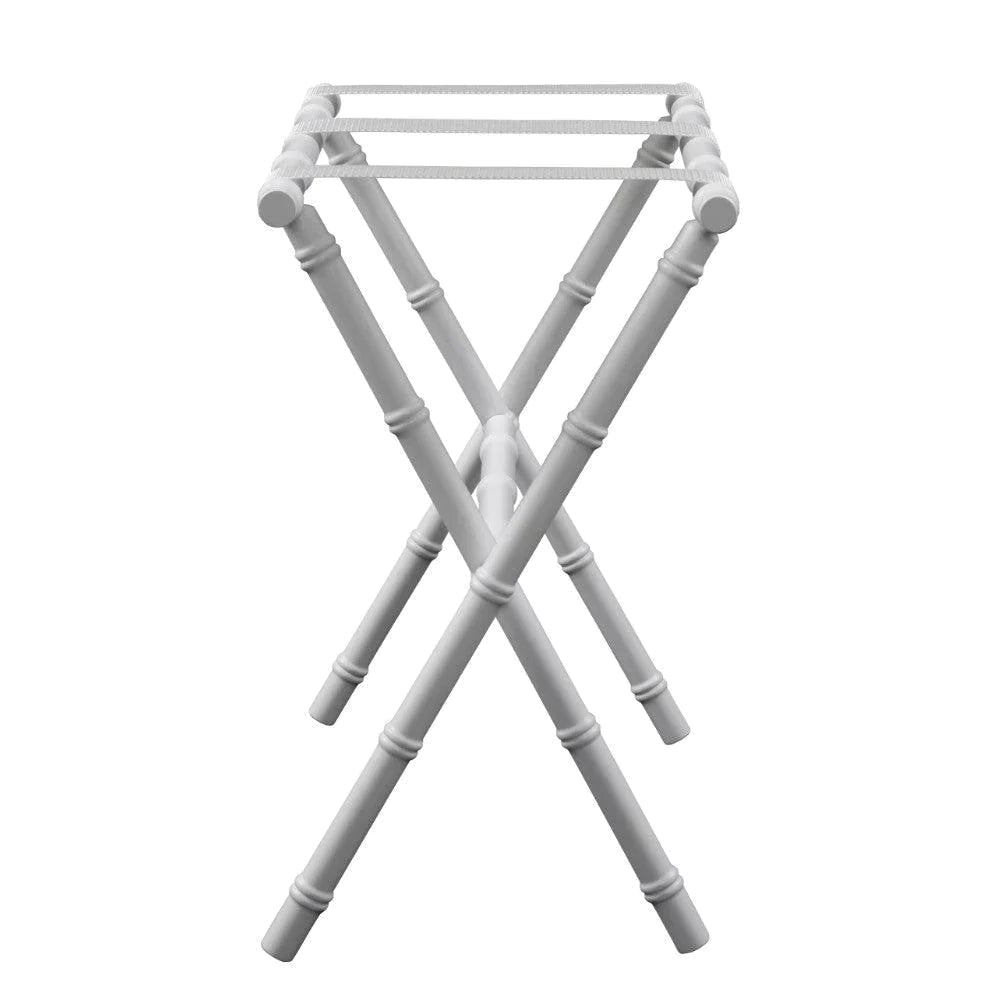 White Bamboo Inspired Wood Luggage Rack with 3 White Nylon Straps - End of Bed - The Well Appointed House