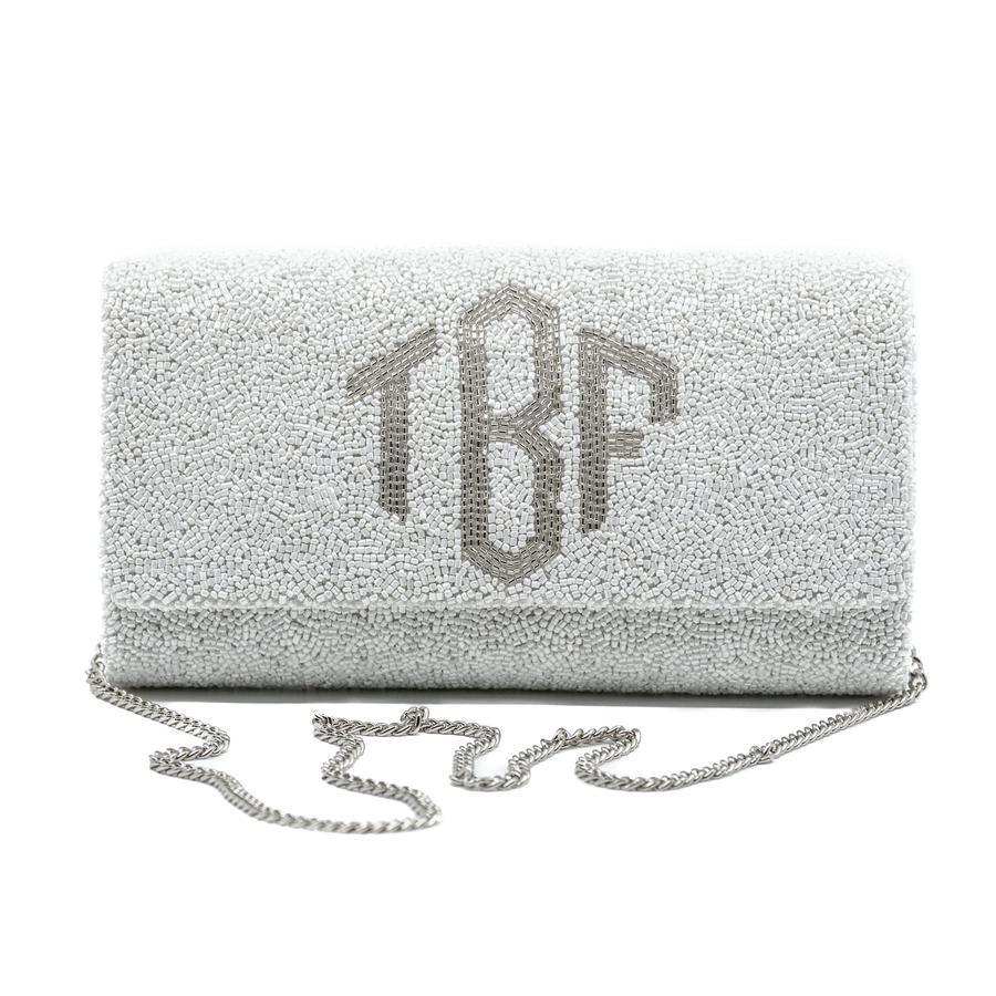 White Beaded Envelope Style Clutch With Silver Monogram - Gifts for Her - The Well Appointed House
