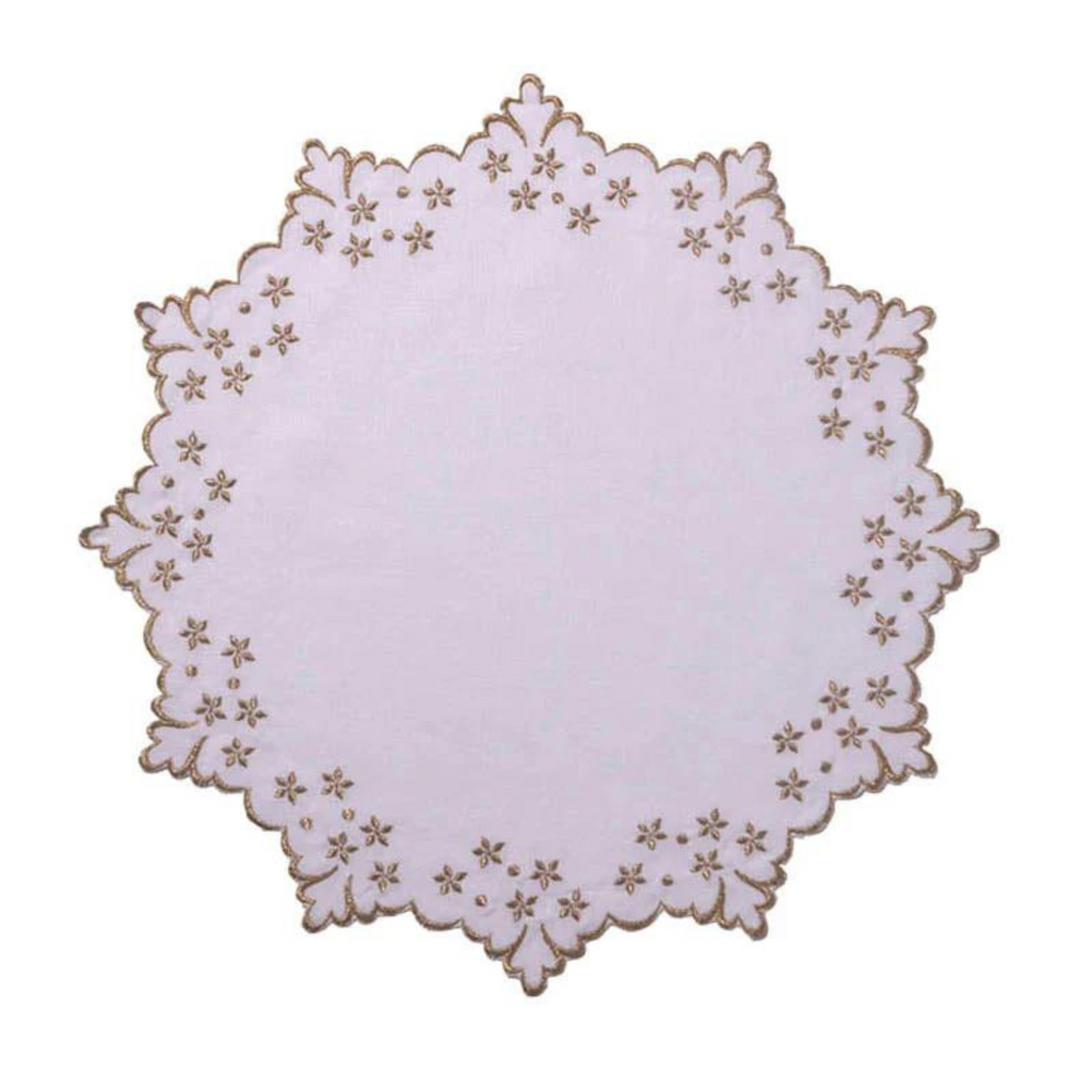 White Celeste Round Placemat With Gold Embroidery - The Well Appointed House 
