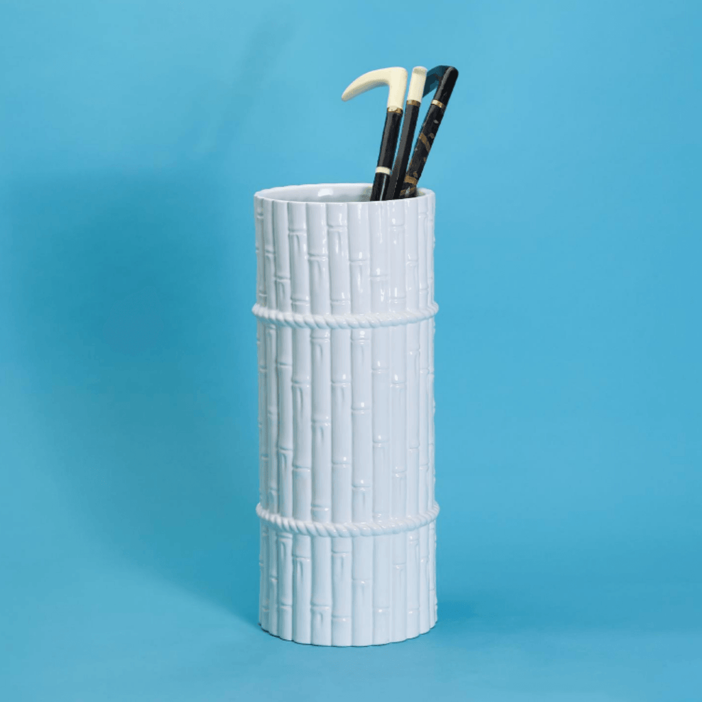 White Ceramic Faux Bamboo Carving Umbrella Stand - Umbrella Stands - The Well Appointed House