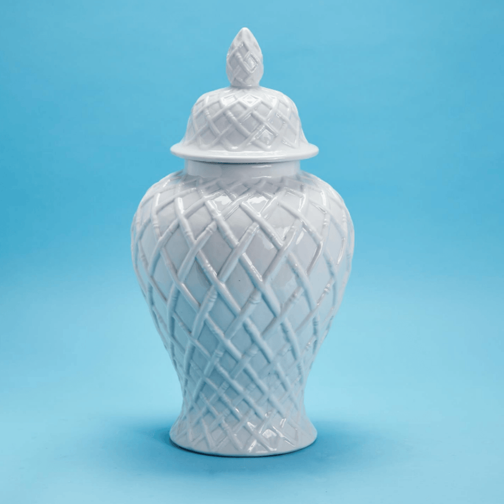 White Ceramic Faux Bamboo Fretwork Ginger Jar - Vases & Jars - The Well Appointed House