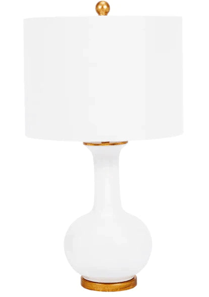 White Ceramic Table Lamp with White Linen Shade & Gold Finial - Table Lamps - The Well Appointed House