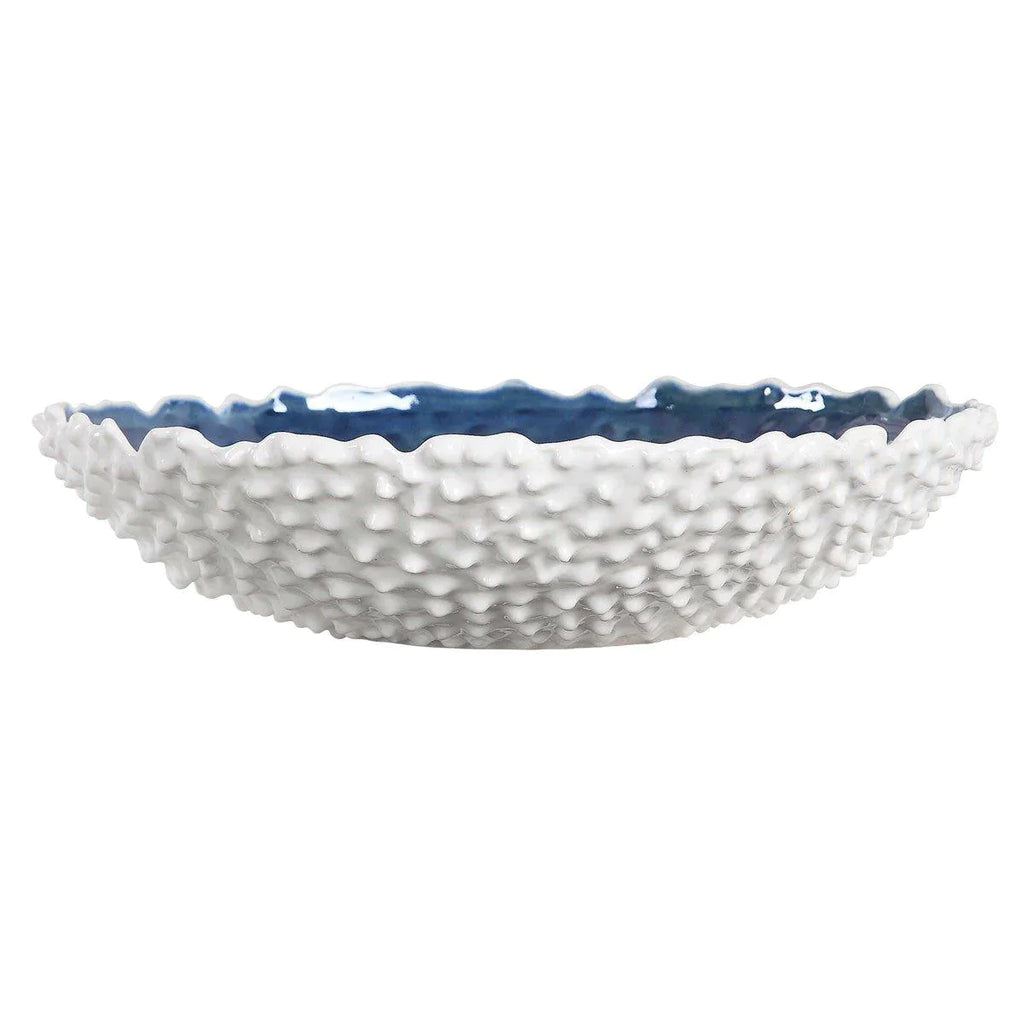 White Ceramic Textured Bowl With Glazed Blue Interior - Decorative Bowls - The Well Appointed House