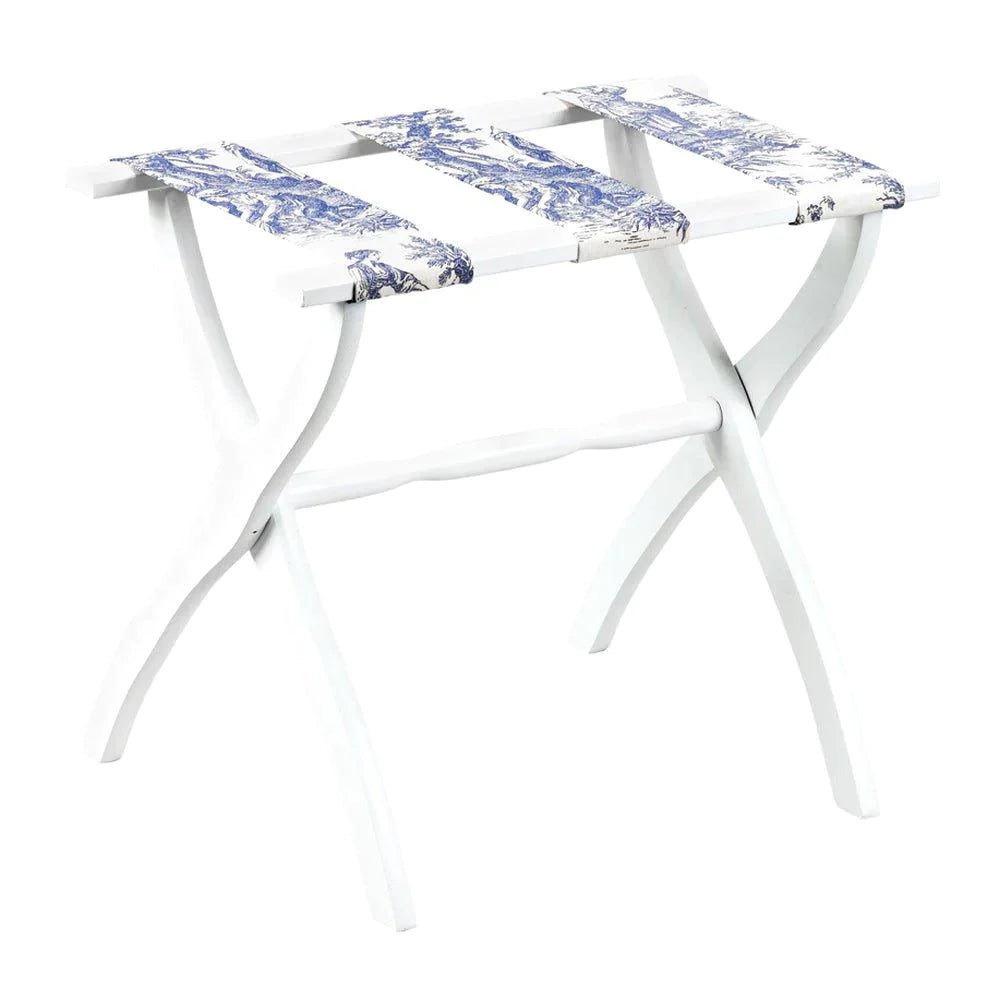 White Contour Leg Wood Luggage Rack With 3 Blue Toile Straps - End of Bed - The Well Appointed House
