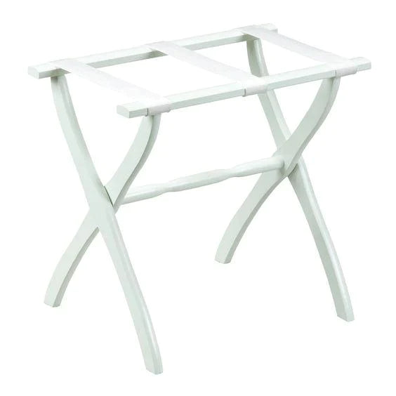 White Contour Leg Wood Luggage Rack with 3 White Nylon Straps - End of Bed - The Well Appointed House