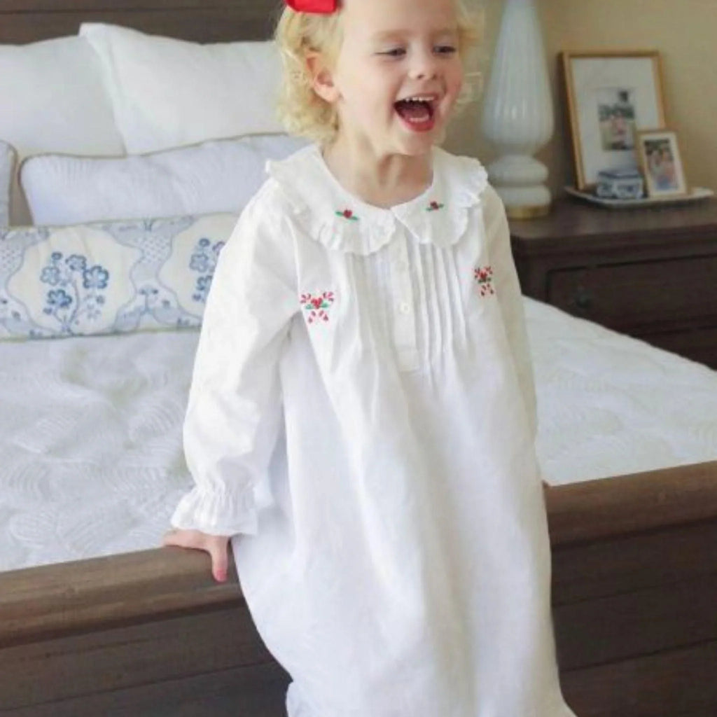 White Cotton Dress with Embroidered Candy Cane and Holly - Little Loves Girl Clothing - The Well Appointed House