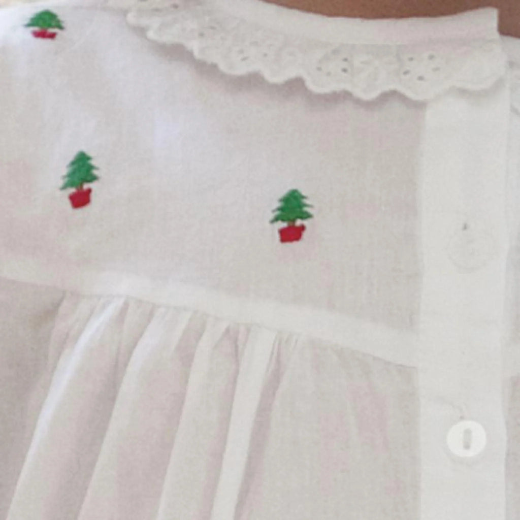White Cotton Dress with Embroidered Red and Green Christmas Trees - Little Loves Girl Clothing - The Well Appointed House