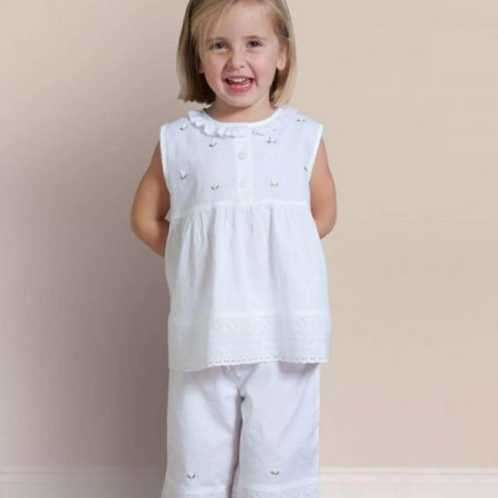 White Cotton Girls Two-Piece Pants and Shirt Set with Embroidered White Roses - Little Loves Girl Clothing - The Well Appointed House