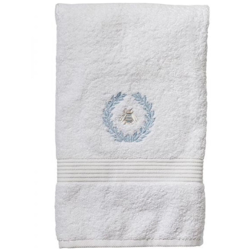 White Cotton Terry Bath Towel with Embroidered Napoleon Bee Wreath in Light Blue - Bath Towels - The Well Appointed House