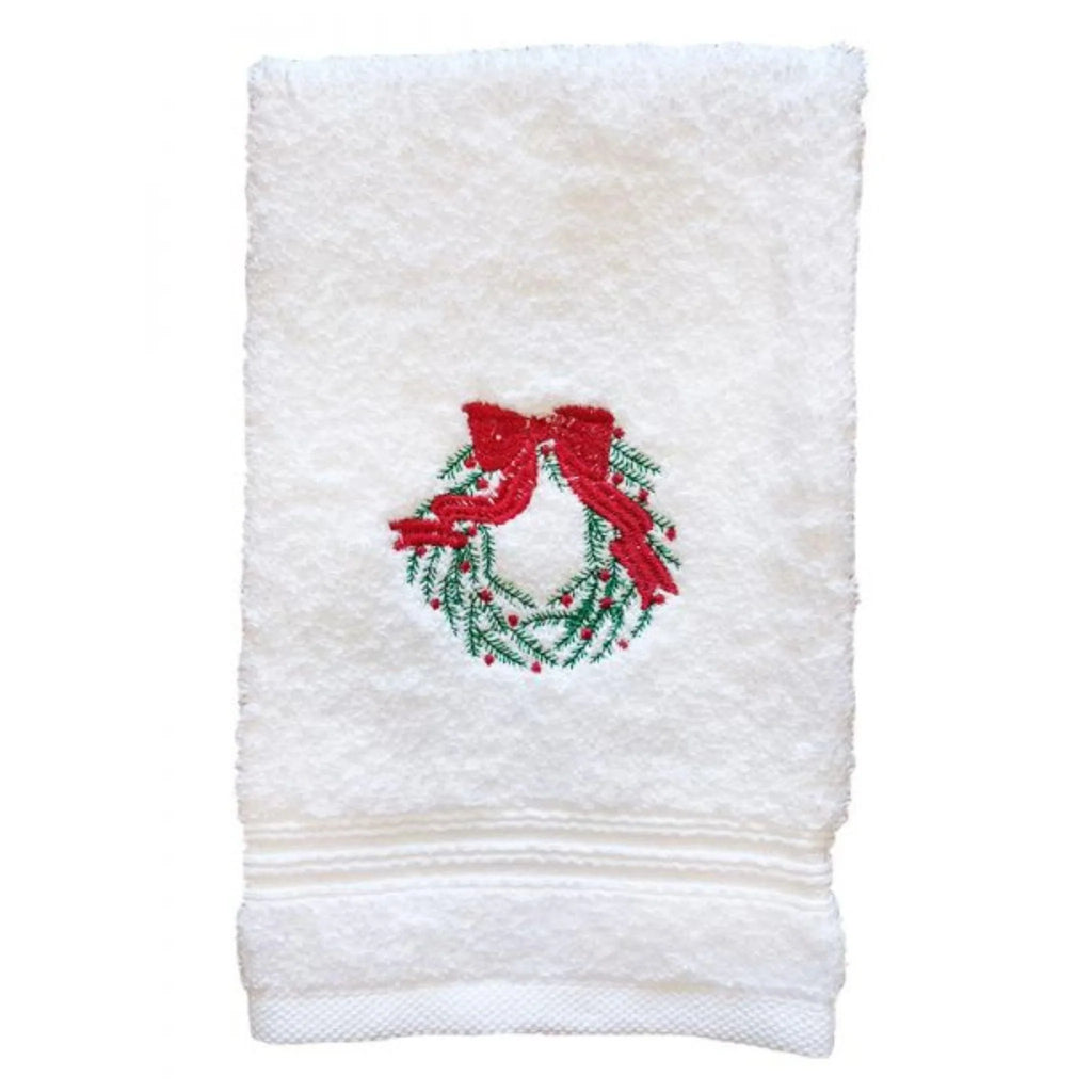 White Cotton Terry Guest Towel with Embroidered Christmas Wreath - Christmas Hand Towels - The Well Appointed House