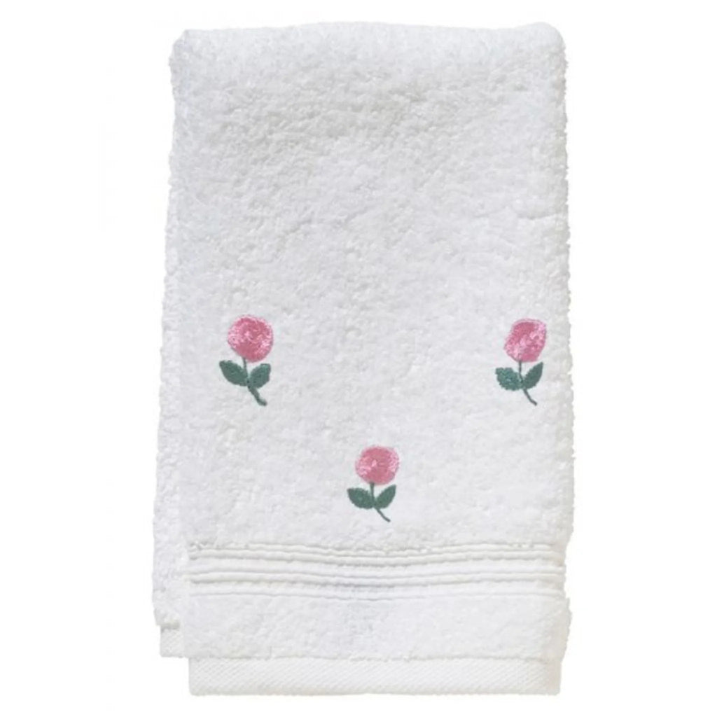 White Cotton Terry Guest Towel with Embroidered Pink Rosebuds - Hand Towels - The Well Appointed House