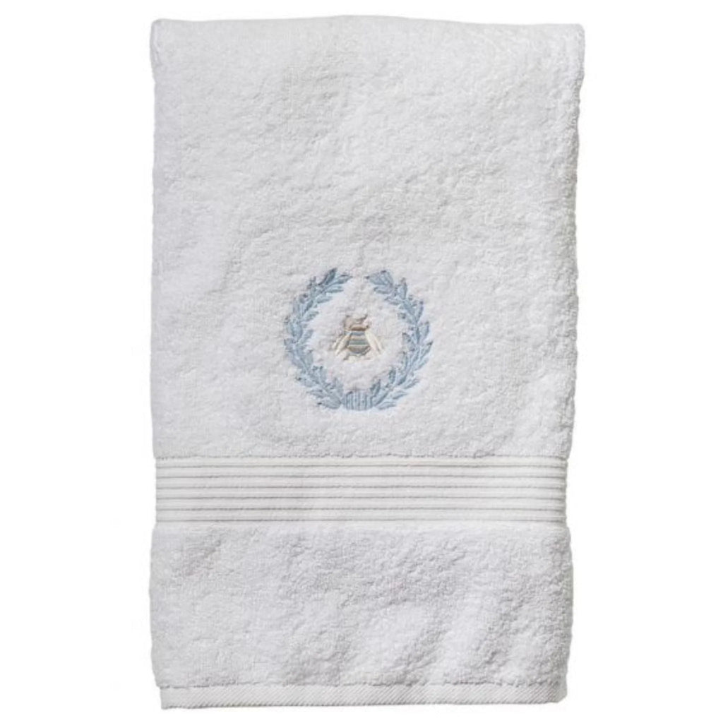 White Cotton Terry Hand Towel with Embroidered Napoleon Bee Wreath in Light Blue - Hand Towels - The Well Appointed House
