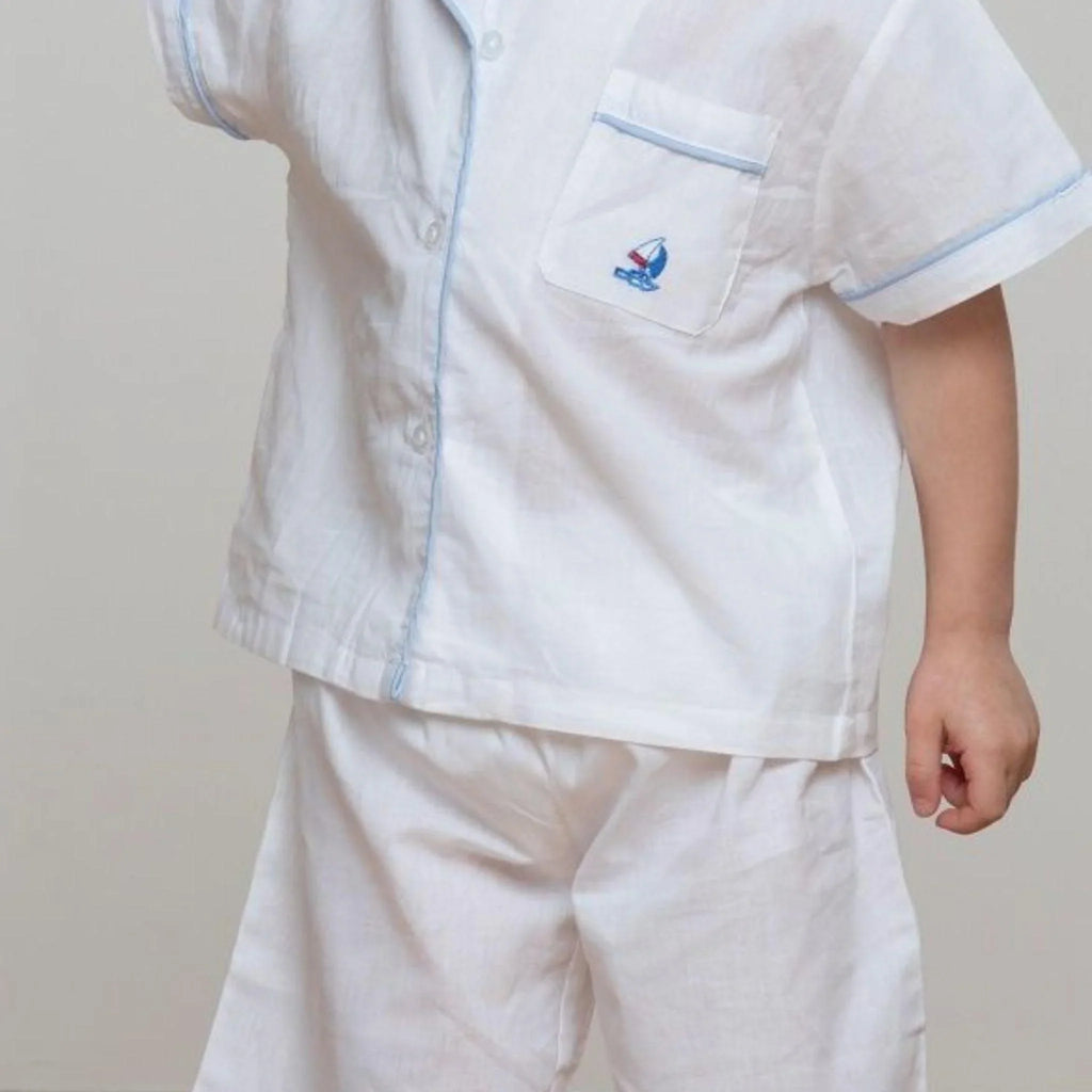 White Cotton Two-Piece Boys Pants and Shirt Set with Embroidered Sailboat - Little Loves Boy Clothing - The Well Appointed House