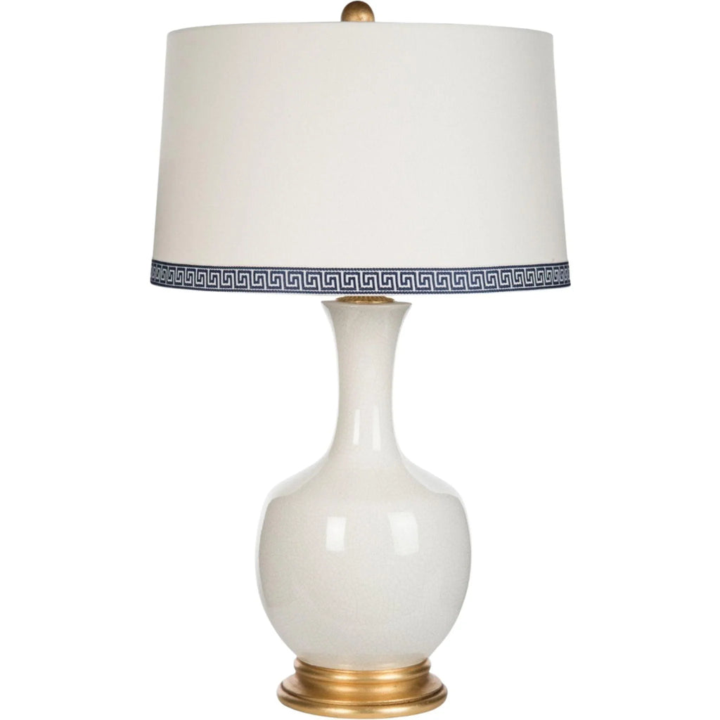 White Crackle Glaze White Ceramic Table Lamp with Gold Base and Greek Trim - Table Lamps - The Well Appointed House