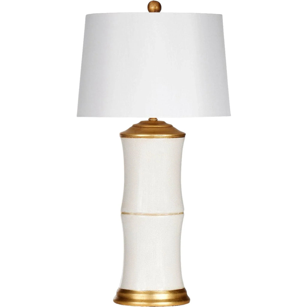 White Cylindrical Cracked Glaze Ceramic Table Lamp with Gold Accents - Table Lamps - The Well Appointed House