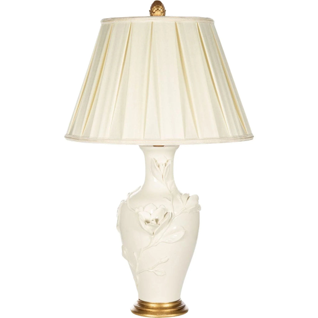 White Floral Textured Table Lamp With Pleated Shade - Table Lamps - The Well Appointed House