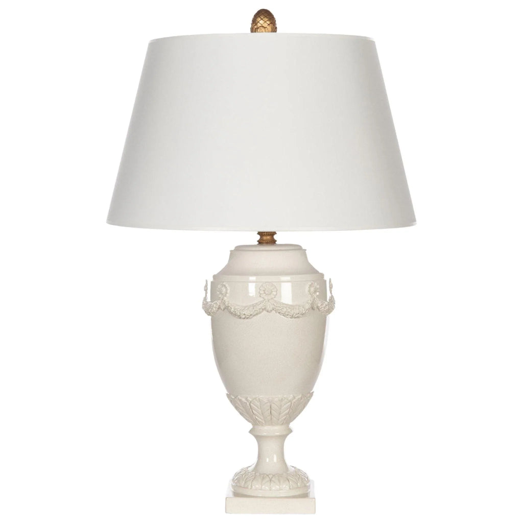 White Grecian Urn inspired Wood Table Lamp with White Linen Shade - Table Lamps - The Well Appointed House