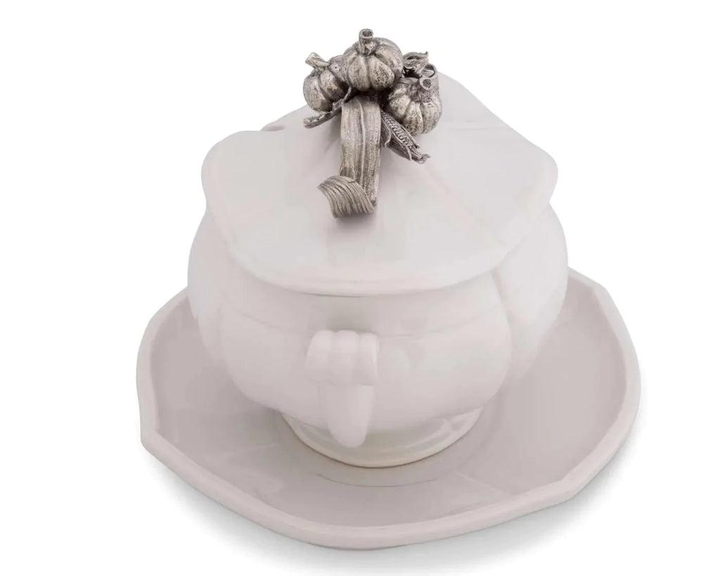 White Harvest Stoneware Soup Tureen with Pewter Knob - Serveware - The Well Appointed House
