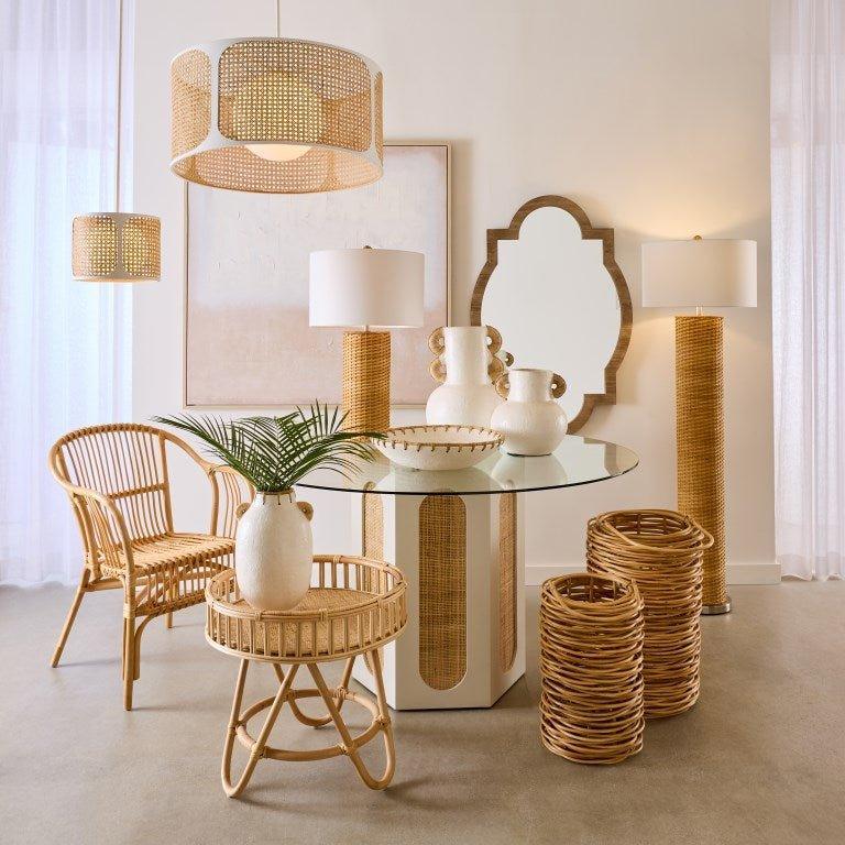 White Hexagonal Wood & Rattan Dining Table With Glass Top - Dining Tables - The Well Appointed House