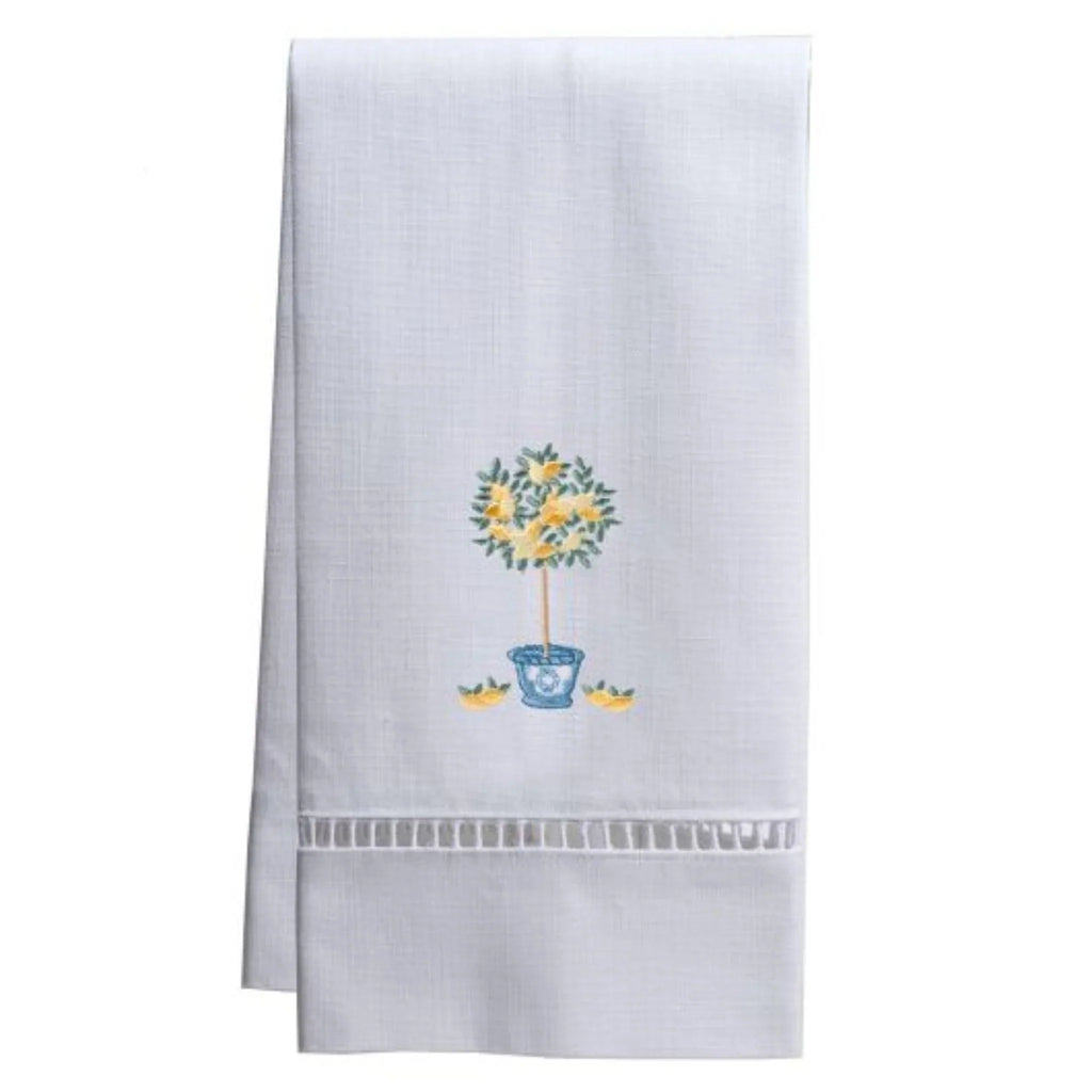 White Linen and Cotton Guest Towel with Embroidered Lemon Topiary Tree - Hand Towels - The Well Appointed House