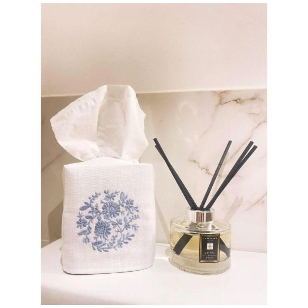 White Linen and Cotton Tissue Box Cover with Embroidered Blue Flower Wheel - Bath Accessories - The Well Appointed House