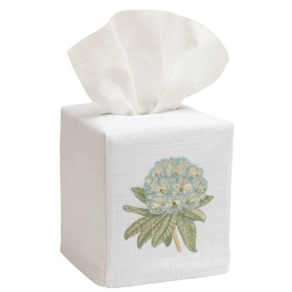 White Linen and Cotton Tissue Box Cover with Embroidered Blue Rhododendron - Bath Accessories - The Well Appointed House