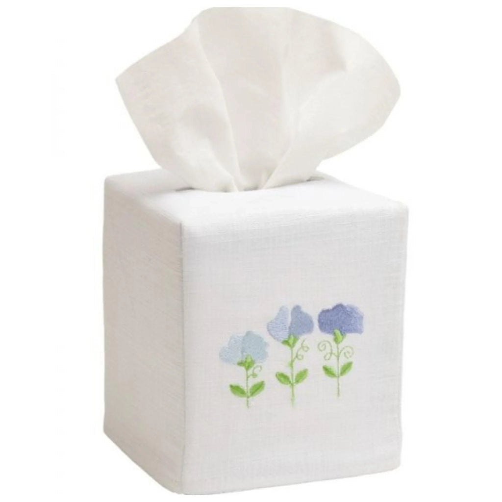 White Linen and Cotton Tissue Box Cover with Embroidered Blue Sweet Peas - Bath Accessories - The Well Appointed House