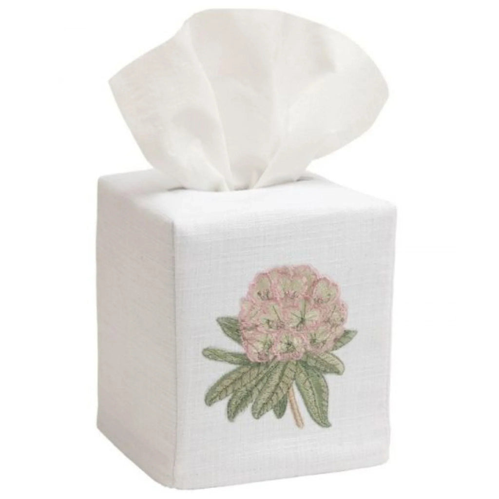 White Linen and Cotton Tissue Box Cover with Embroidered Pink Rhododendron - Bath Accessories - The Well Appointed House