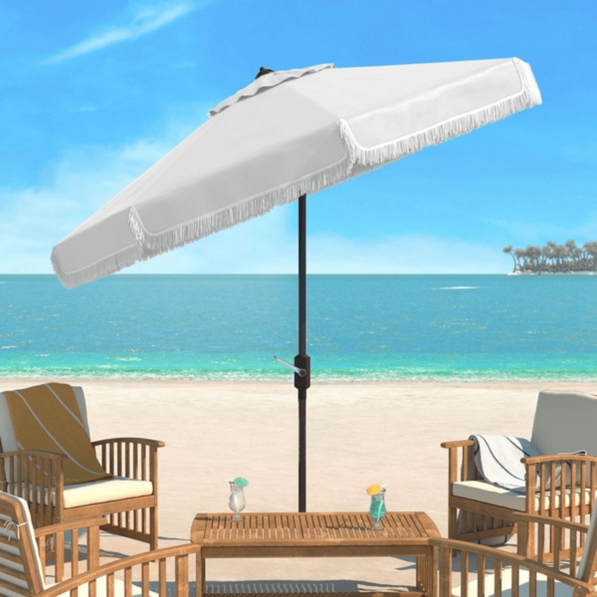 fringe patio umbrellas Safavieh Milan Fringe 9Ft Crank Outdoor Push Button Tilt Umbrella