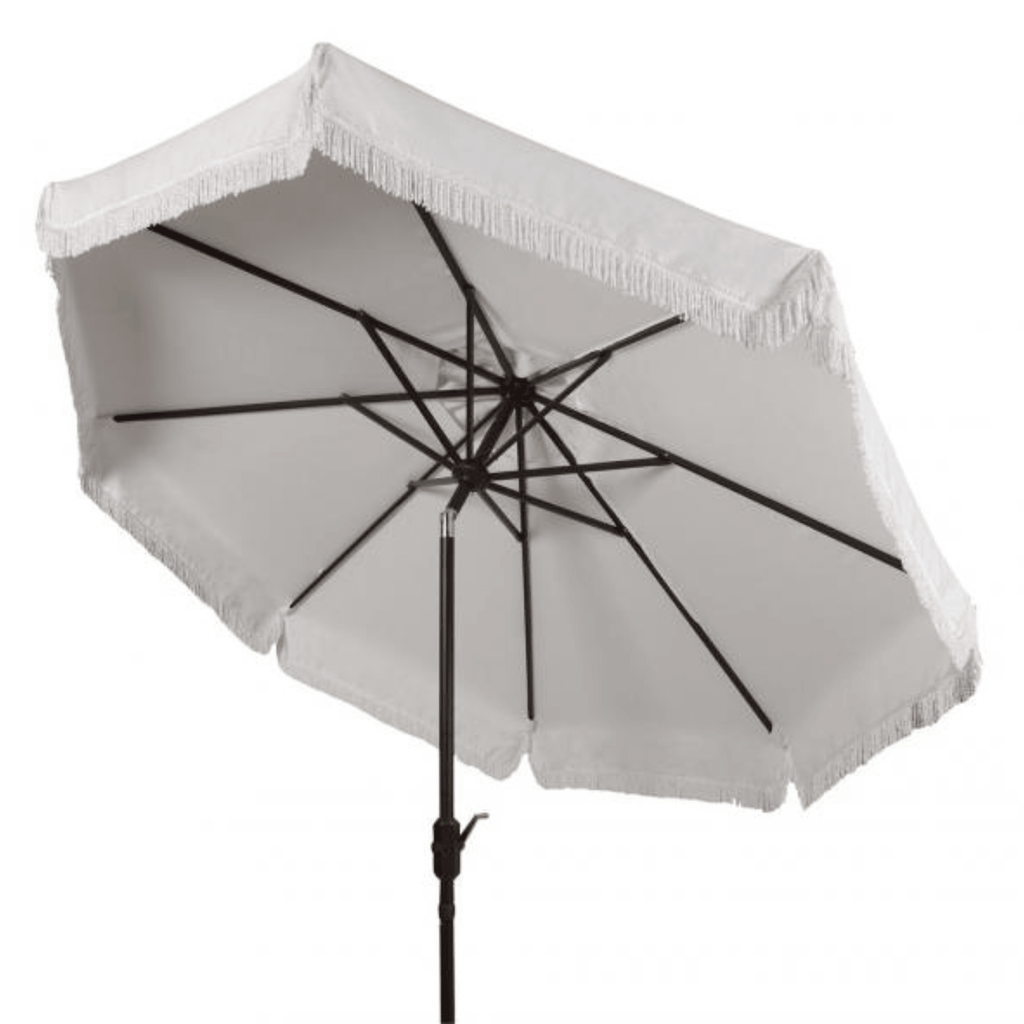 White Outdoor Crank Patio Umbrella With White Fringe - Outdoor Umbrellas - The Well Appointed House