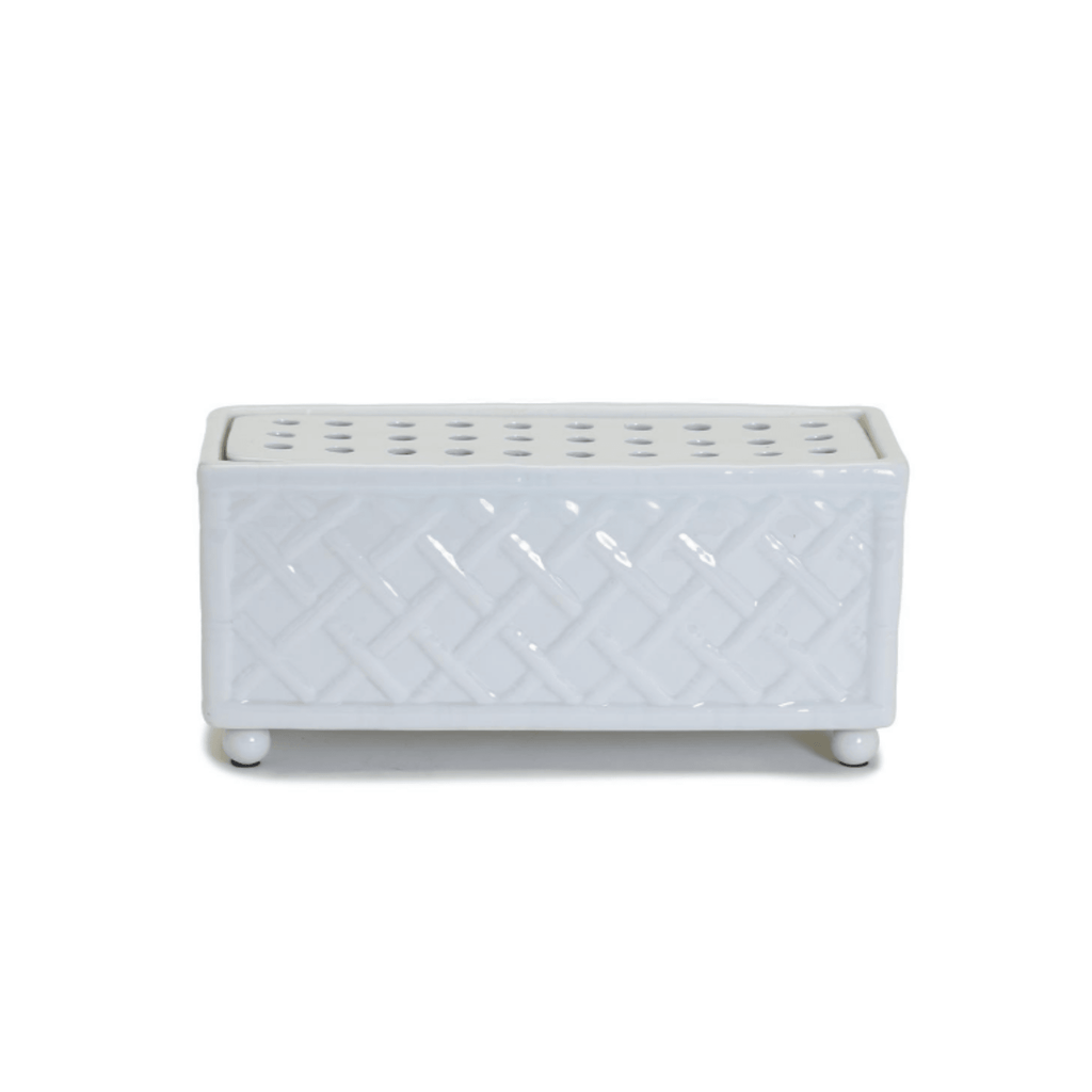 White Porcelain Faux Bamboo Fretwork Rectangular Flower Arranger - Indoor Planters - The Well Appointed House