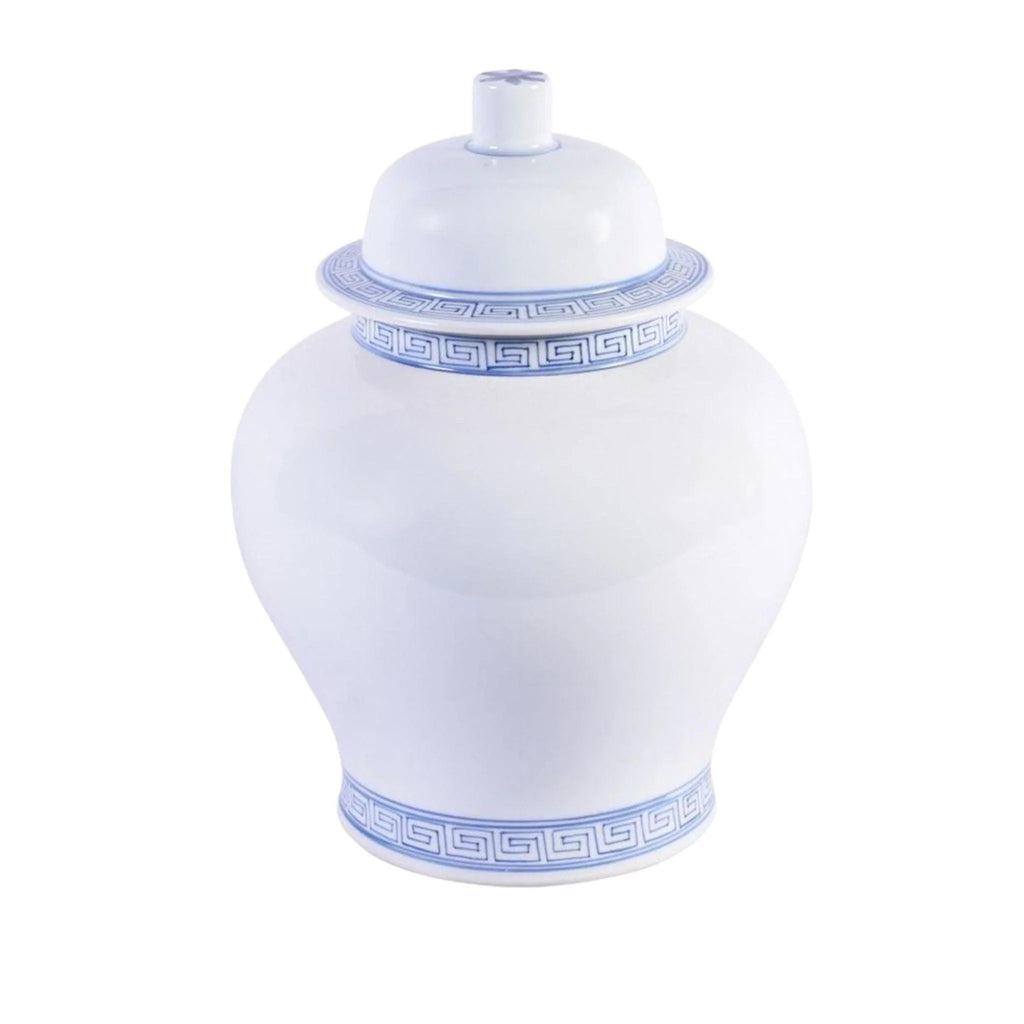 White Porcelain Temple Jar With Blue Greek Key Trim - Vases & Jars - The Well Appointed House