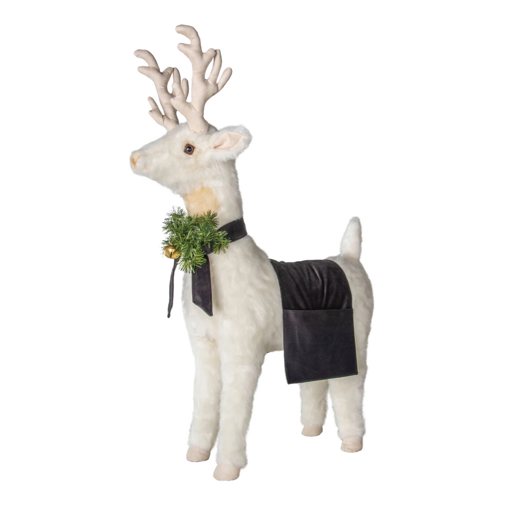 White Reindeer Footrest With Charcoal Trim Christmas Decor - The Well Appointed House