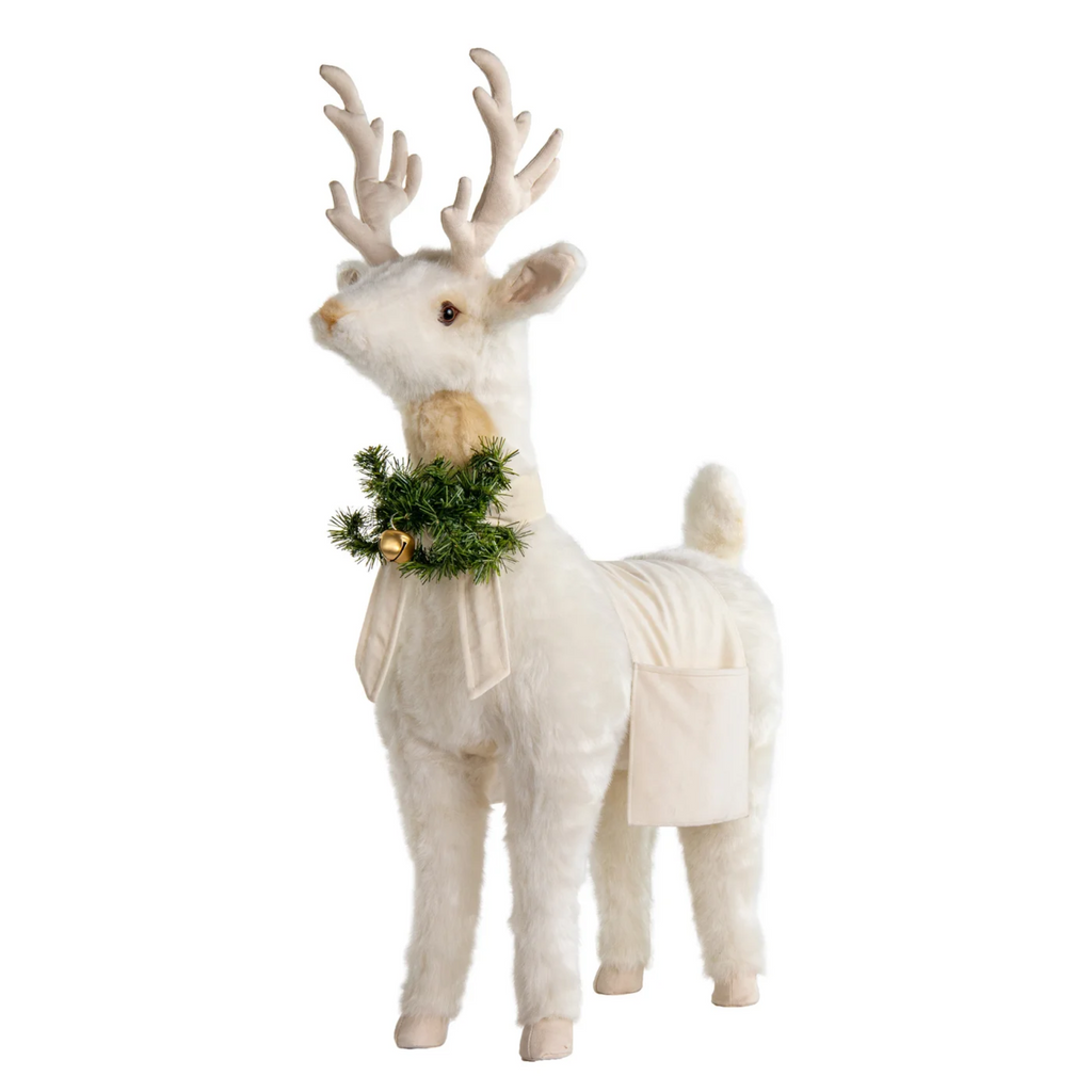 White Reindeer Footrest Ivory Trim Christmas Decor - The Well Appointed House