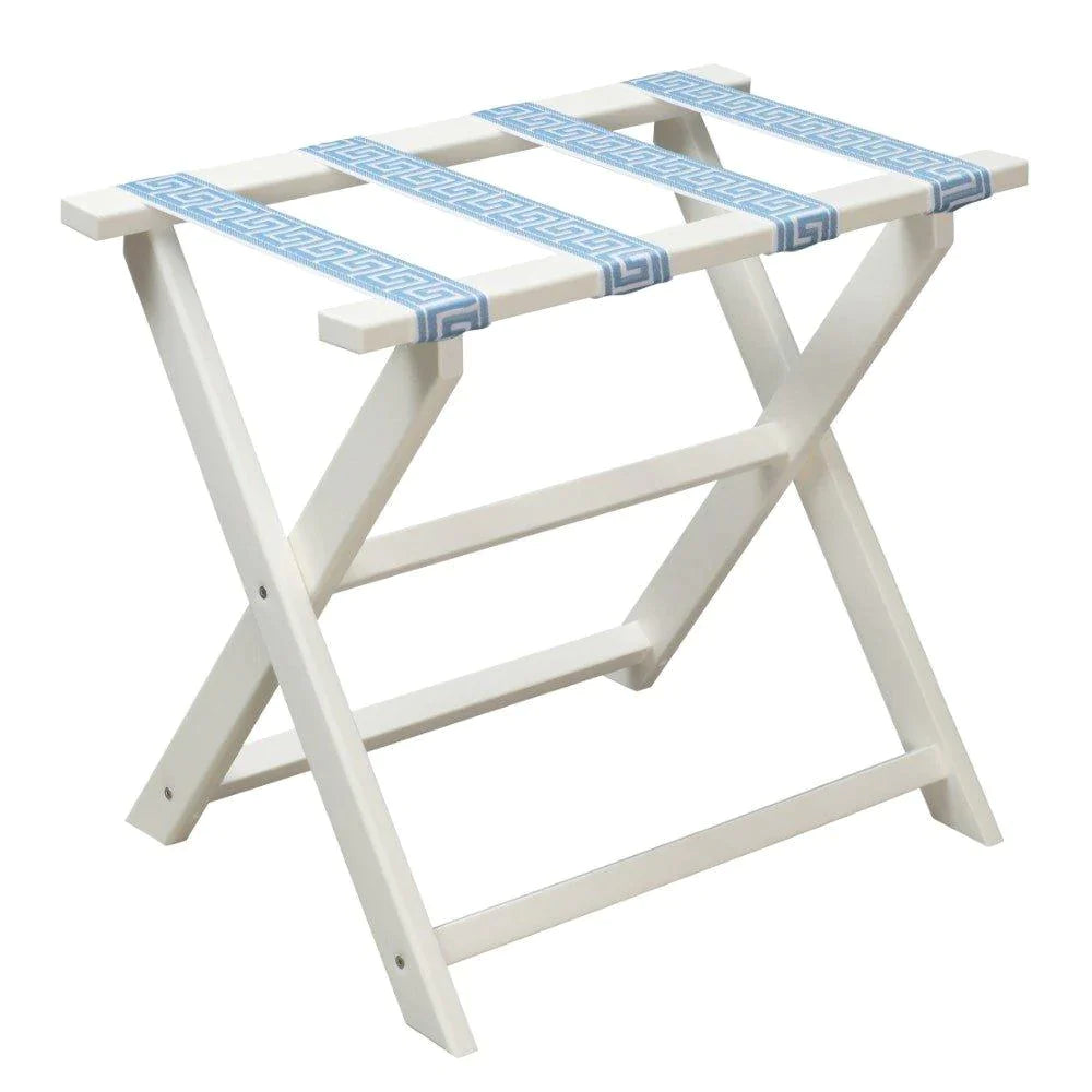 White Straight Leg ECO Luggage Rack with 4 White & Sky Blue Greek Key Straps - End of Bed - The Well Appointed House