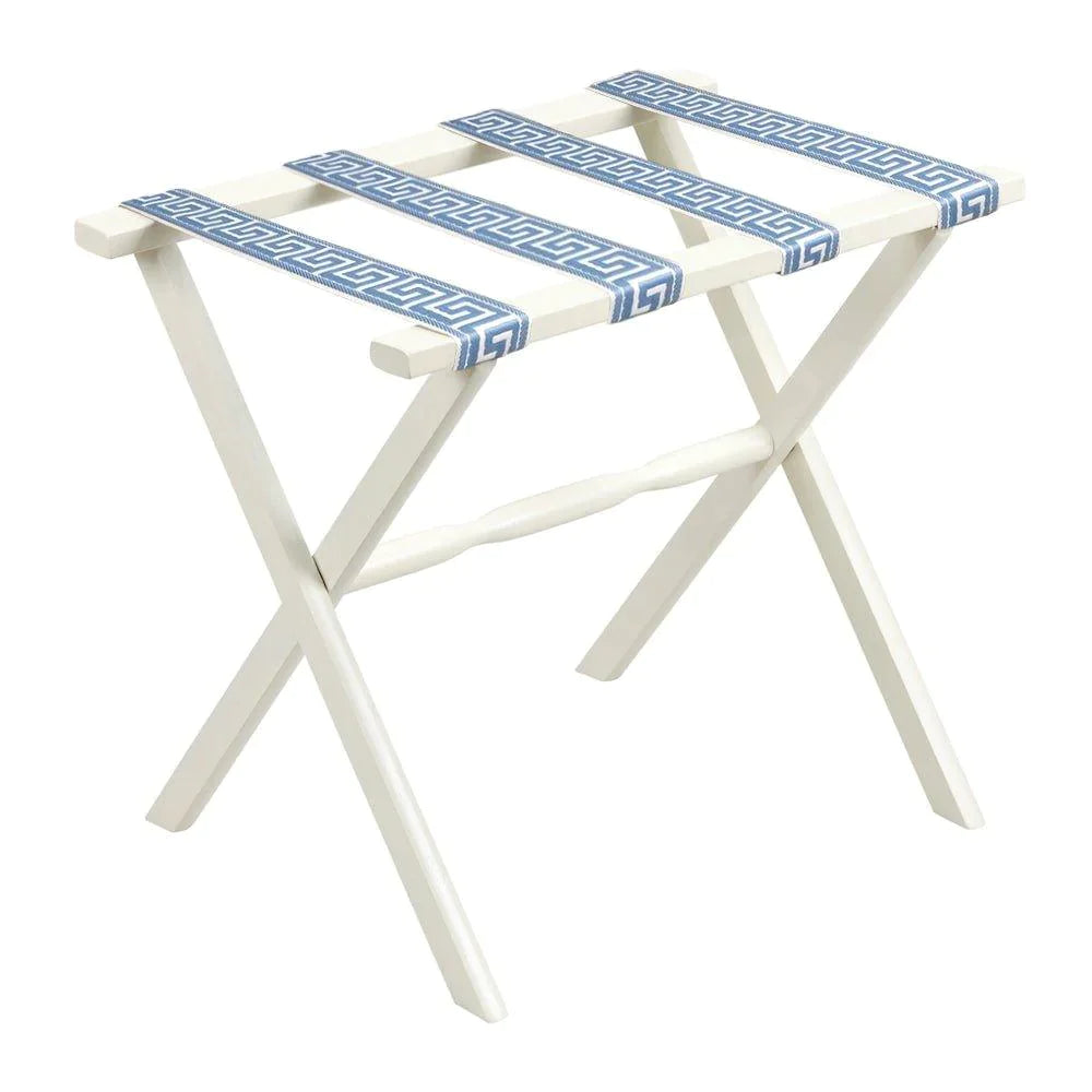 White Straight Leg Wood Luggage Rack with 4 White & Sky Blue Greek Key Straps - End of Bed - The Well Appointed House