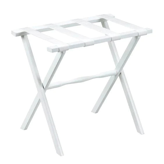 White Straight Leg Wood Luggage Rack with 4 White Nylon Straps - End of Bed - The Well Appointed House