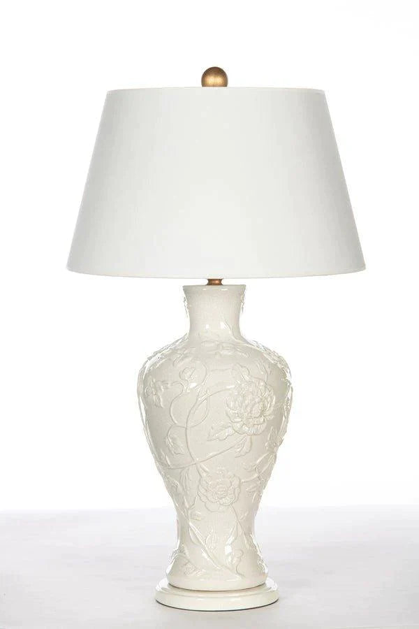 White Textured Floral Ceramic Table Lamp with White Linen Shade - Table Lamps - The Well Appointed House