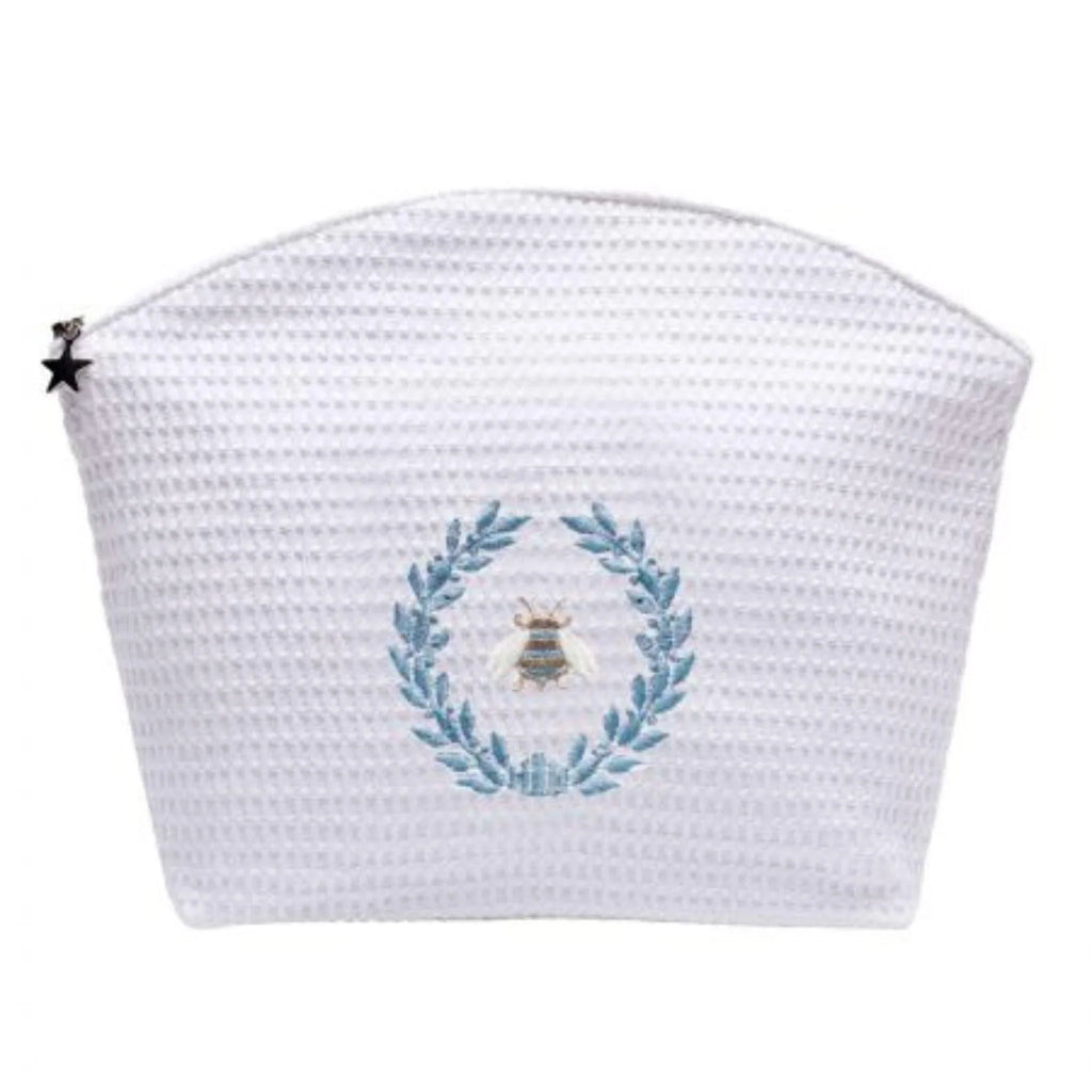 White Waffle Weave Cosmetic Bag with Embroidered Napoleon Bee Wreath in Blue - Gifts for Her - The Well Appointed House