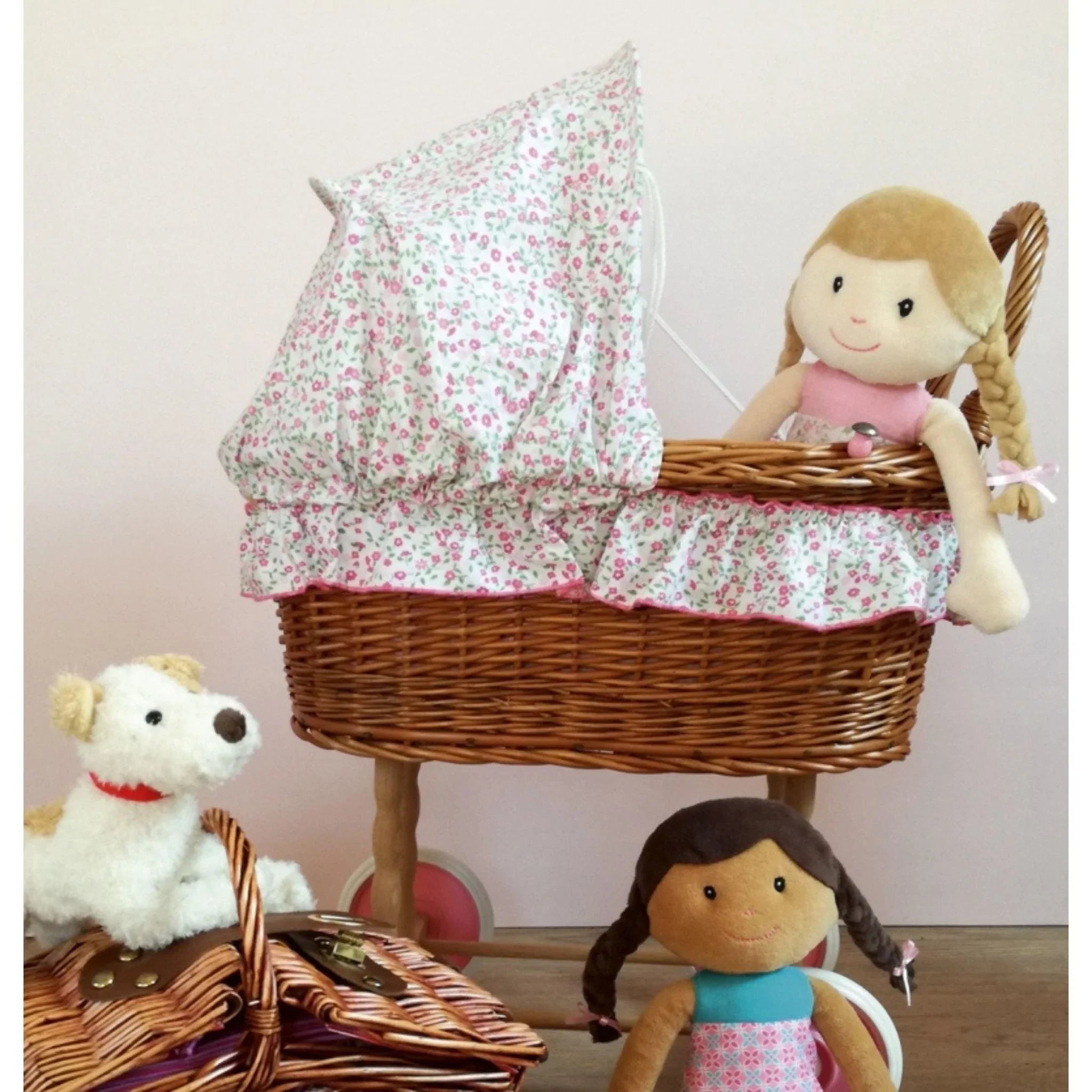 Wicker Doll Pram with Floral Bedding The Well Appointed House
