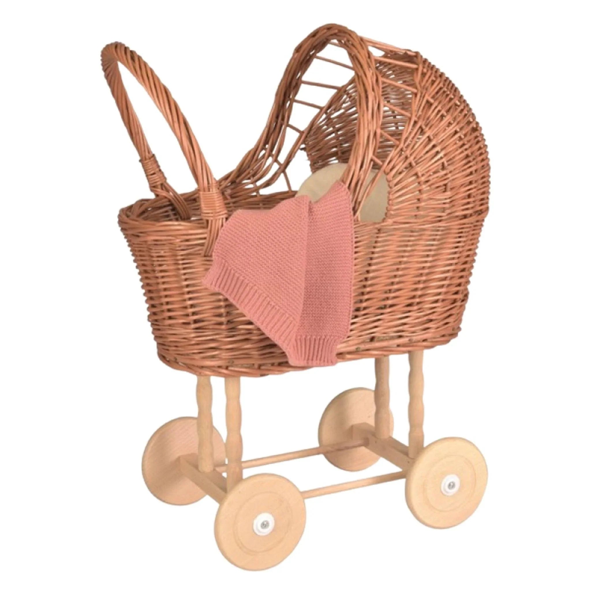 Wicker Doll Pram with Knitted Blanket The Well Appointed House