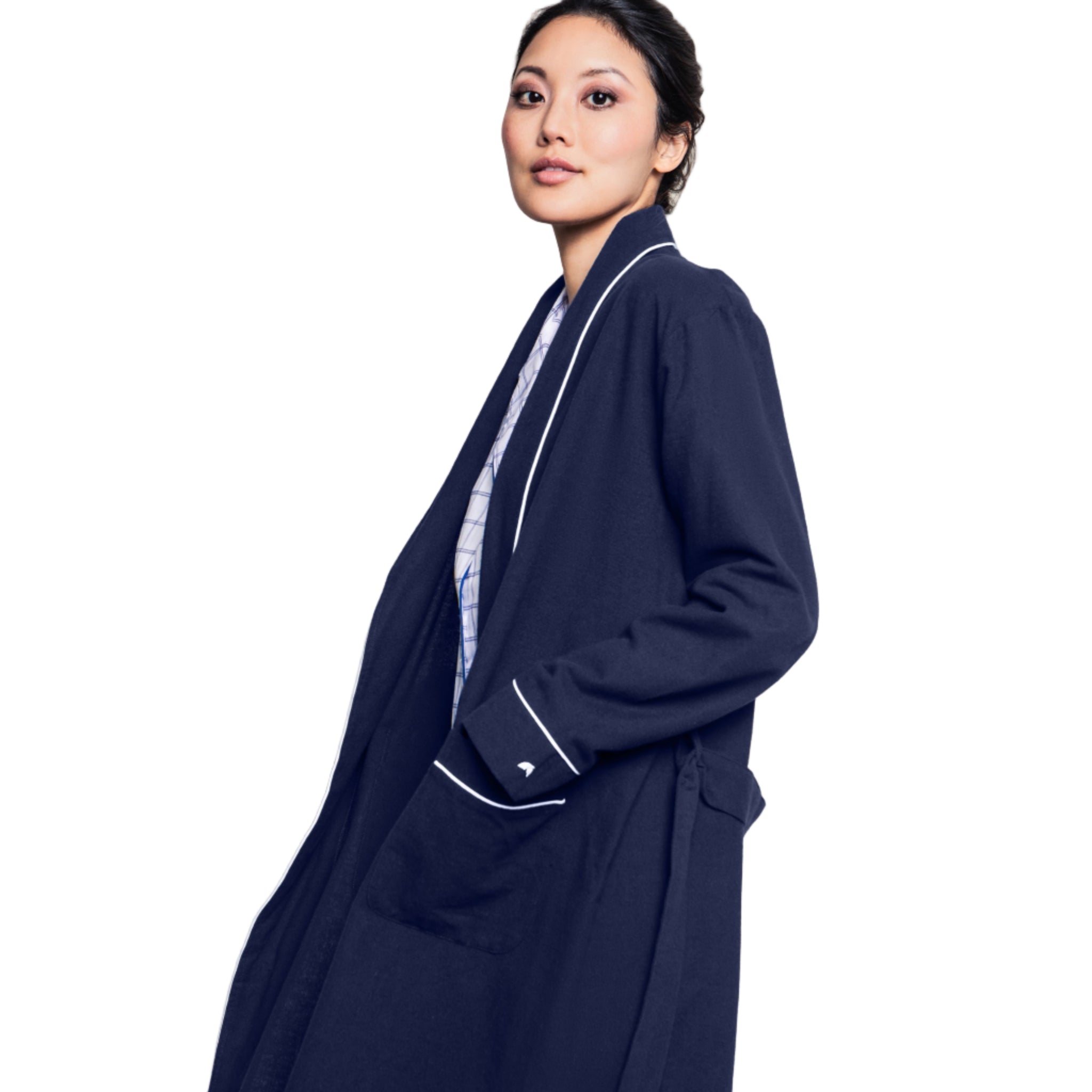 Short Robe Navy Women's Flannel Robe in Navy – The Well Appointed House