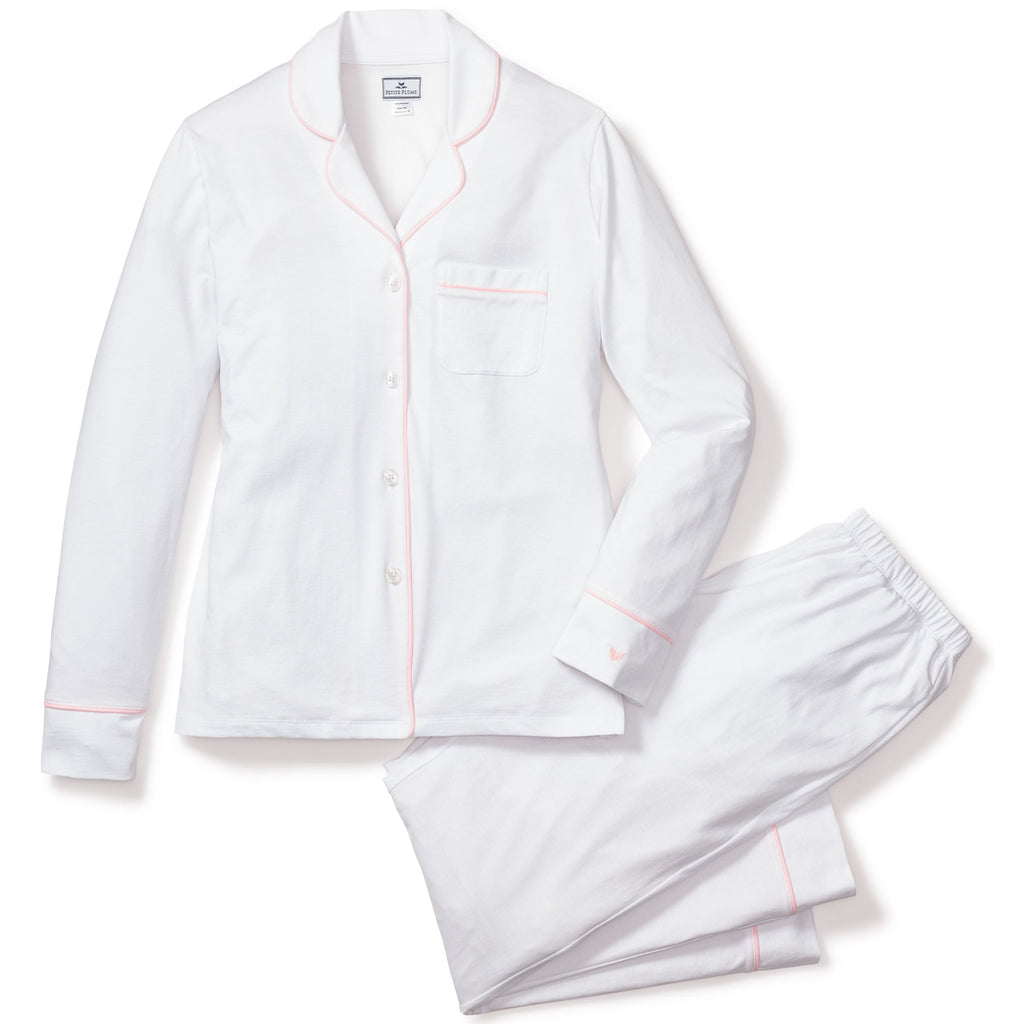 Women's Pima Pajama Set in White with Pink Piping  - The Well Appointed House 