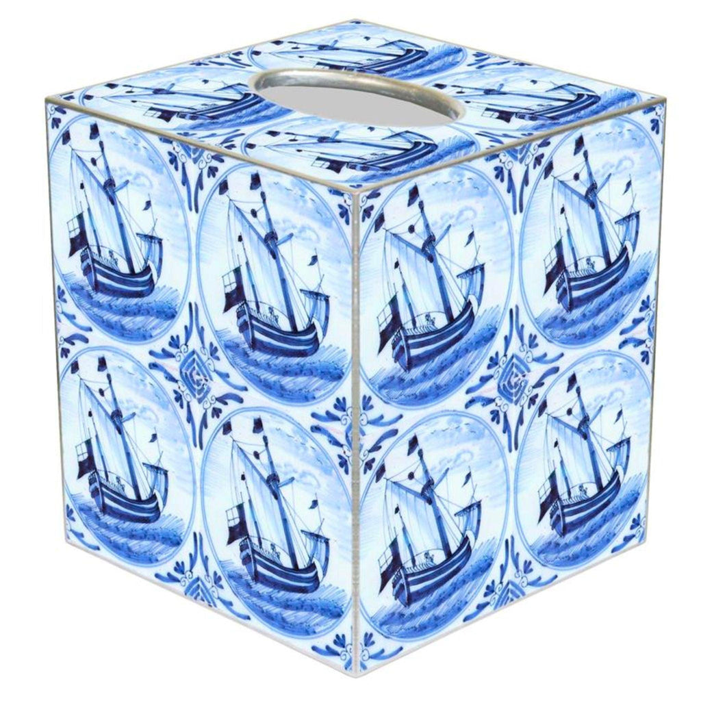 Wood Delft Blue Sailboat Tissue Box Cover - Bath Accessories - The Well Appointed House