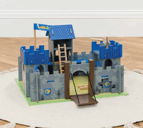Wooden Blue & Grey Excalibur Toy Castle Playset For Kids - Little Loves Pretend Play - The Well Appointed House