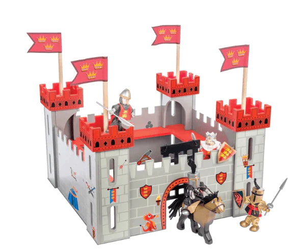 Wooden Red & Grey Toy Castle Playset For Kids - Little Loves Pretend Play - The Well Appointed House