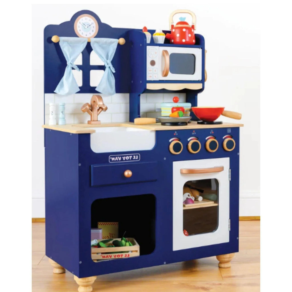 Wooden Royal Blue Play Kitchen For Kids - Little Loves Kitchens Food & Kids Grocery - The Well Appointed House
