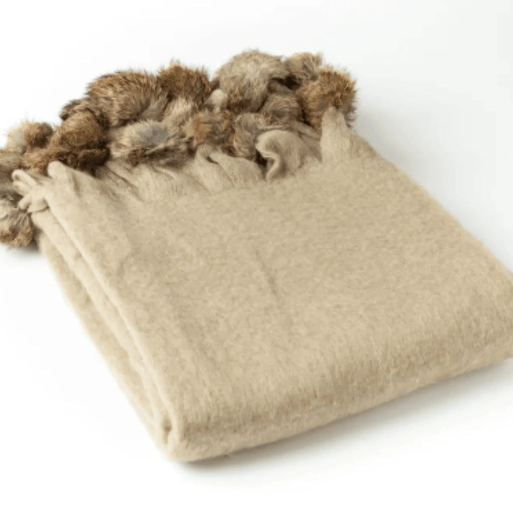 Wool Blend Mohair Trimmed Throw with Pom Poms - Throw Blankets - The Well Appointed House