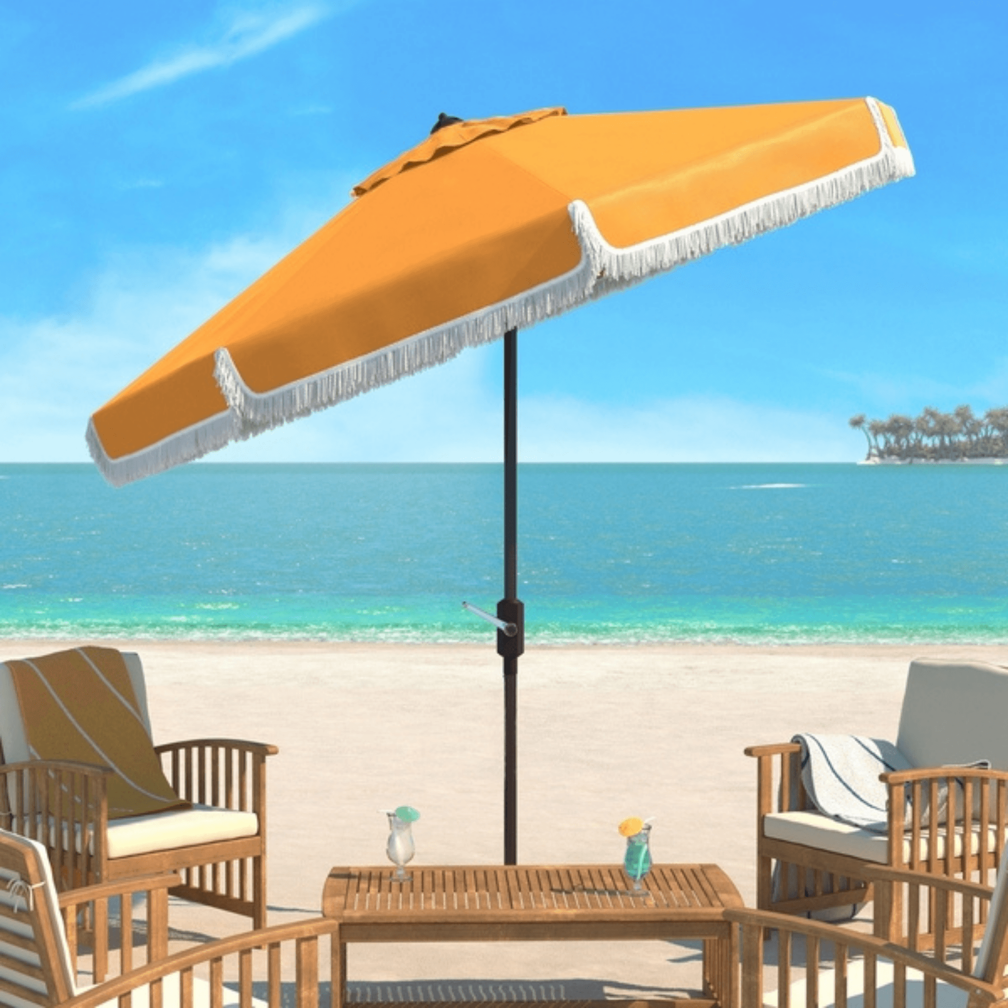 Safavieh Milan Fringe 9 ft Crank Yellow/ White Trim Outdoor Umbrella Safavieh Milan Fringe 9 ft Crank Yellow/ White Trim Outdoor Umbrella